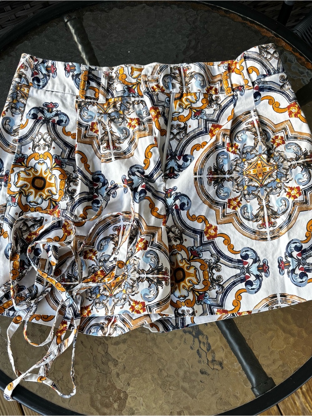 White House Black Market White Shorts with Blue and Gold Tile Print